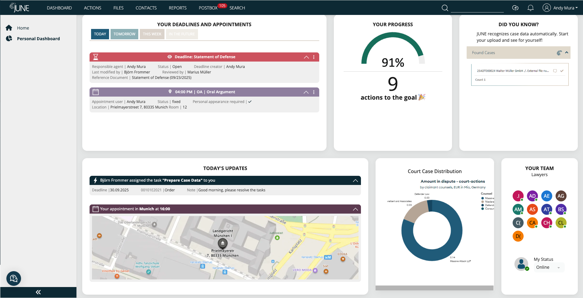 Screenshot JUNE Dashboard legal case management automation